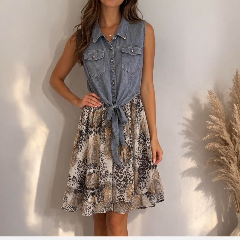 Boho Sleeveless Denim and Animal Print Mini Dress